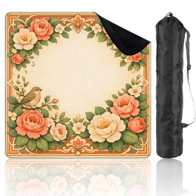 31.5" x 31.5" Mahjong Mat for Table with Carrying Bag Vintage Floral Frame Roses Green Leaves Small Bird Non-Slip Noise-Reducing Game Mat Mahjong Accessories for Poker Dominoes Board Games