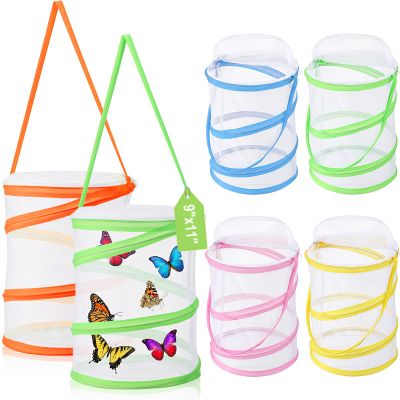 Sherr 6 Pack Butterfly Habitat Cage, 9"x11" Pop-up Mesh Butterfly Net Terrarium, Reusable Caterpillar Raising Kit, Portable Bug Catcher Enclosure for Transporting and Raising Critter (5 Mixed)