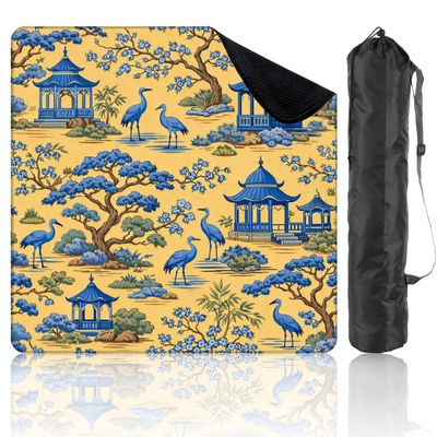 31.5" x 31.5" Mahjong Mat for Table with Carrying Bag Blue Crane Birds Pagoda Gazebos Trees Yellow Non-Slip Noise-Reducing Game Mat Mahjong Accessories for Poker Dominoes Board Games