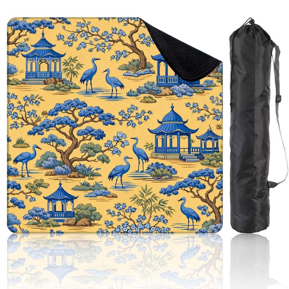 31.5" x 31.5" Mahjong Mat for Table with Carrying Bag Blue Crane Birds Pagoda Gazebos Trees Yellow Non-Slip Noise-Reducing Game Mat Mahjong Accessories for Poker Dominoes Board Games