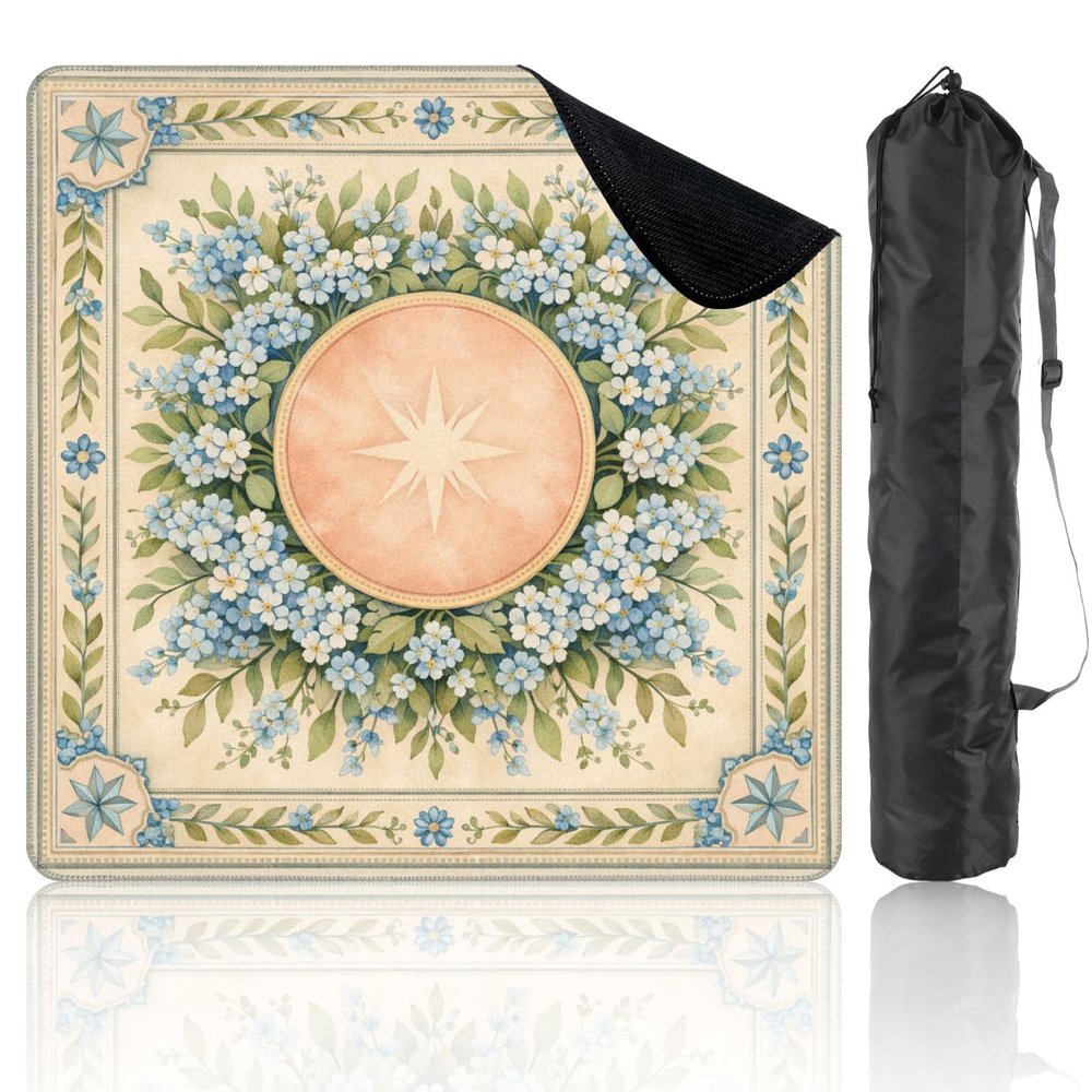 31.5" x 31.5" Mahjong Mat for Table with Carrying Bag Floral Mandala Blue Forget Me Not Flowers Soft Pastel Tones Non-Slip Noise-Reducing Game Mat Mahjong Accessories for Poker Dominoes Board Games