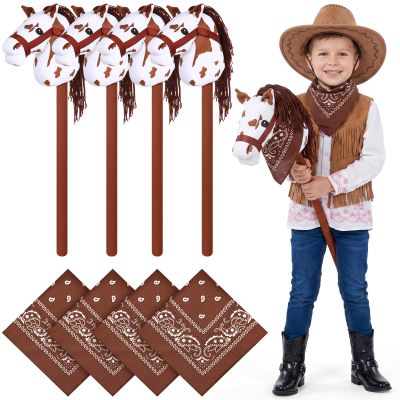 Poen 4 Pack Light Brown Horse Stick with Sound Red and Blue Bandana Set 27.6'' Toys Stick Horse Western Cowboy Bandana with Neighing Sound for Boys Girls Fun Pretend Games (White Brown)