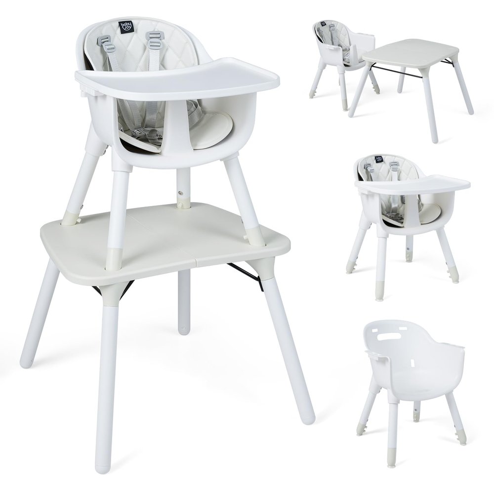 BABY JOY High Chair, 5 in 1 Convertible Highchair for Babies & Toddlers | Booster Seat | Table and Chair Set | Infant Feeding Chair with Removable Tray, Safety Harness, Removable Cushion (White)