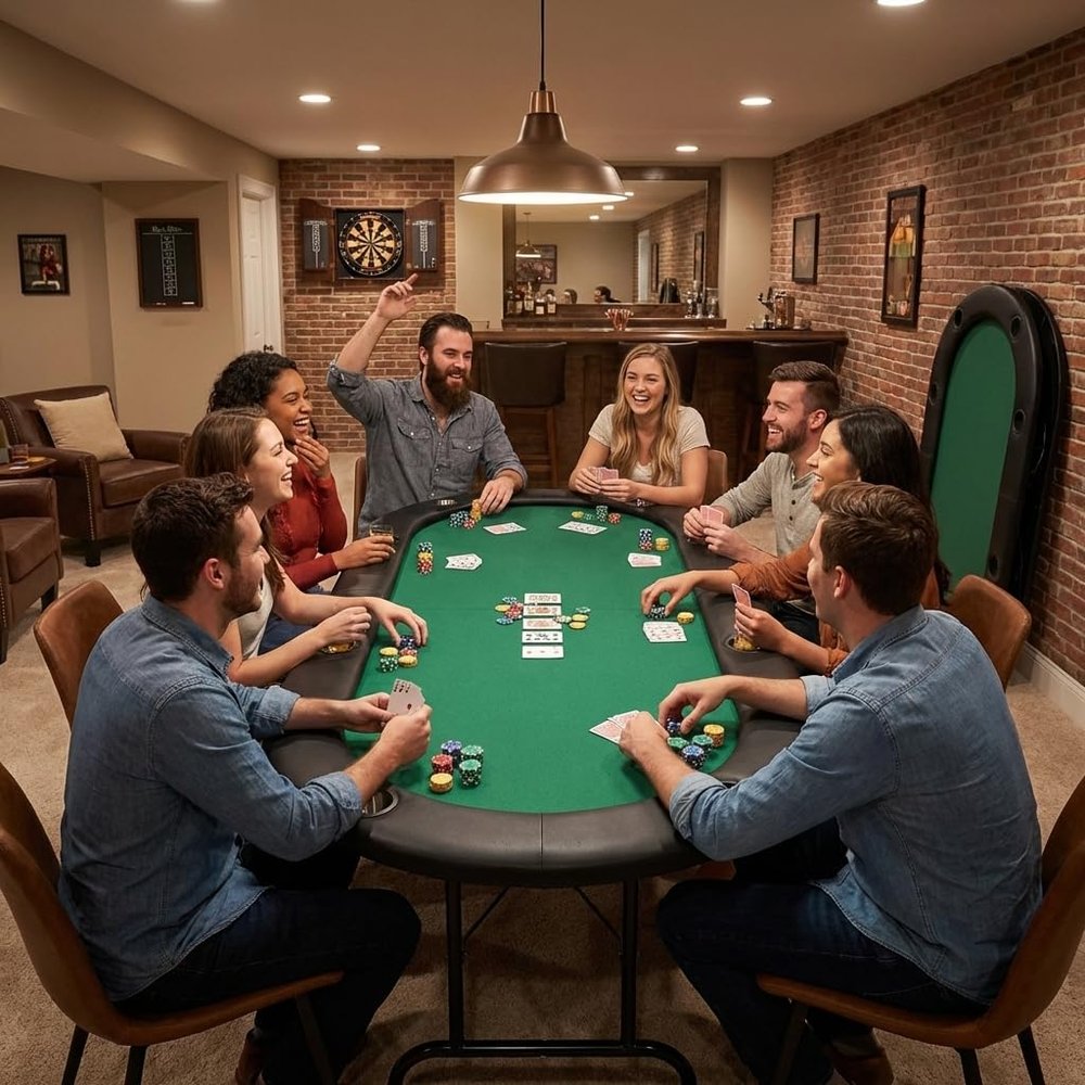VrillpxqAeon 8 Players Texas Holdem Foldable Poker Table, Portable Card Table, Felt Top with Cup Holders and Chip Trays, Compact Design for Home Nights, Durable MDF Frame with Easy Setup