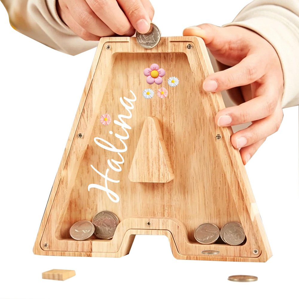 Personalized Wooden Piggy Bank for Kids, Custom Bank with Name,Letters Starting with A-Z,Transparent Wooden Letter Coin Box Decor,Bedroom and Living Room Decoration,Creative Money Saving Box.