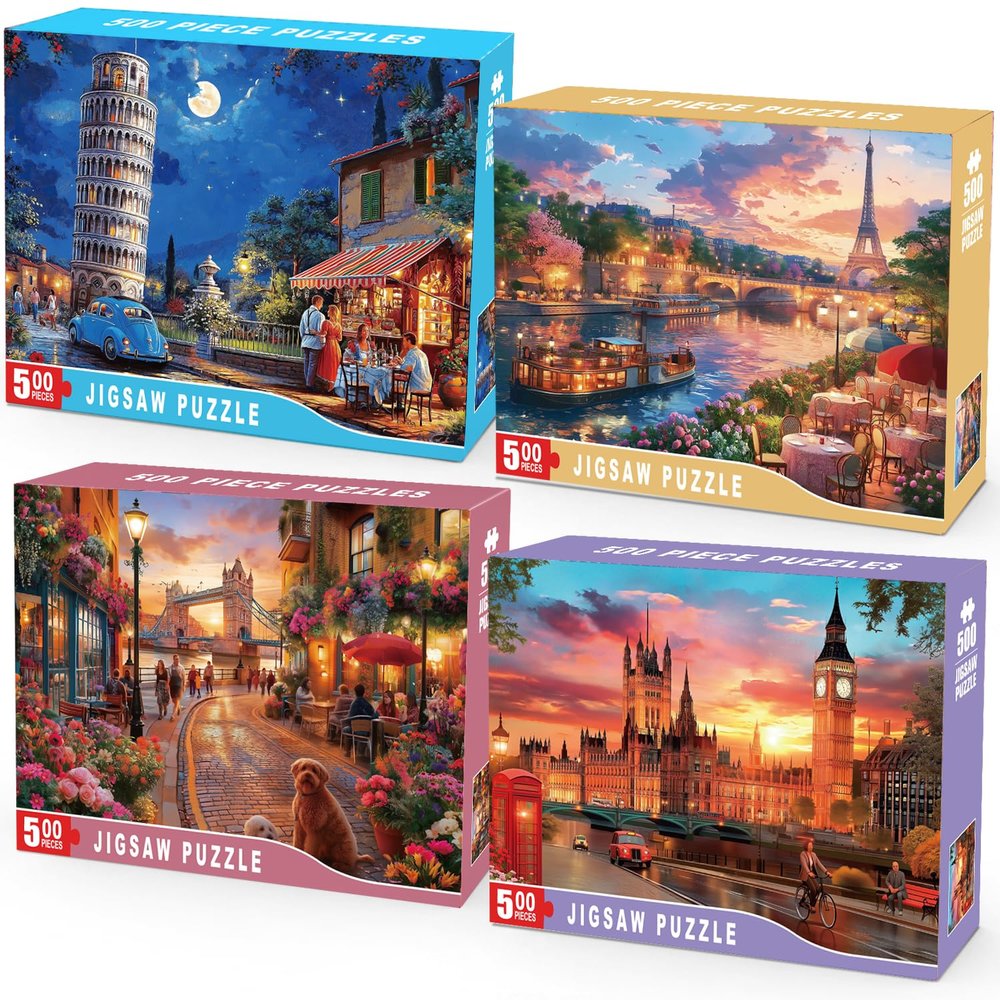4 Pack 500 Piece Puzzles for Adults, European Landmarks Jigsaw Puzzle Set, Paris London Pisa Cityscape, Eiffel Tower Big Ben Scenic Travel Art for Family Game Night Gifts
