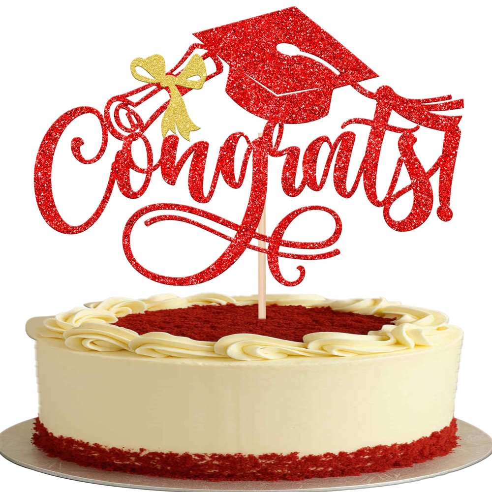 1 PCS Congrats 2026 Graduation Cake Topper Glitter Class of 2026 Congrats Grad Cake Decorations Bow Diploma Grad Cap Cake Pick for 2026 High School College Senior Graduation Party Decorations Red