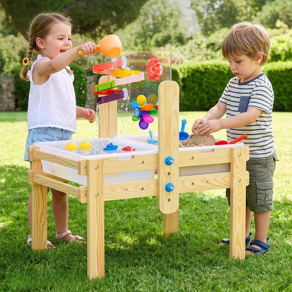 OOOK Wooden Sand and Water Table with 2 Bins, Painting Acrylic Board, 20PCS Water Toy Accessories, Adjustable Height Sensory Sand for Toddlers, Easy to Assemble