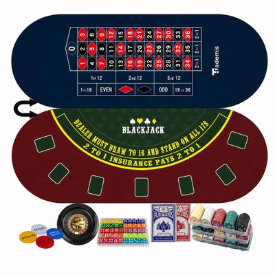 Tademis 4 in 1 Casino Game Set: 10" Roulette Wheel, 300 Weighted Poker Chips, 50 Dice, Poker Buttons & 2 Decks of Cards Double Sided Blackjack & Roulette Mat Portable Kit for Home Game Night