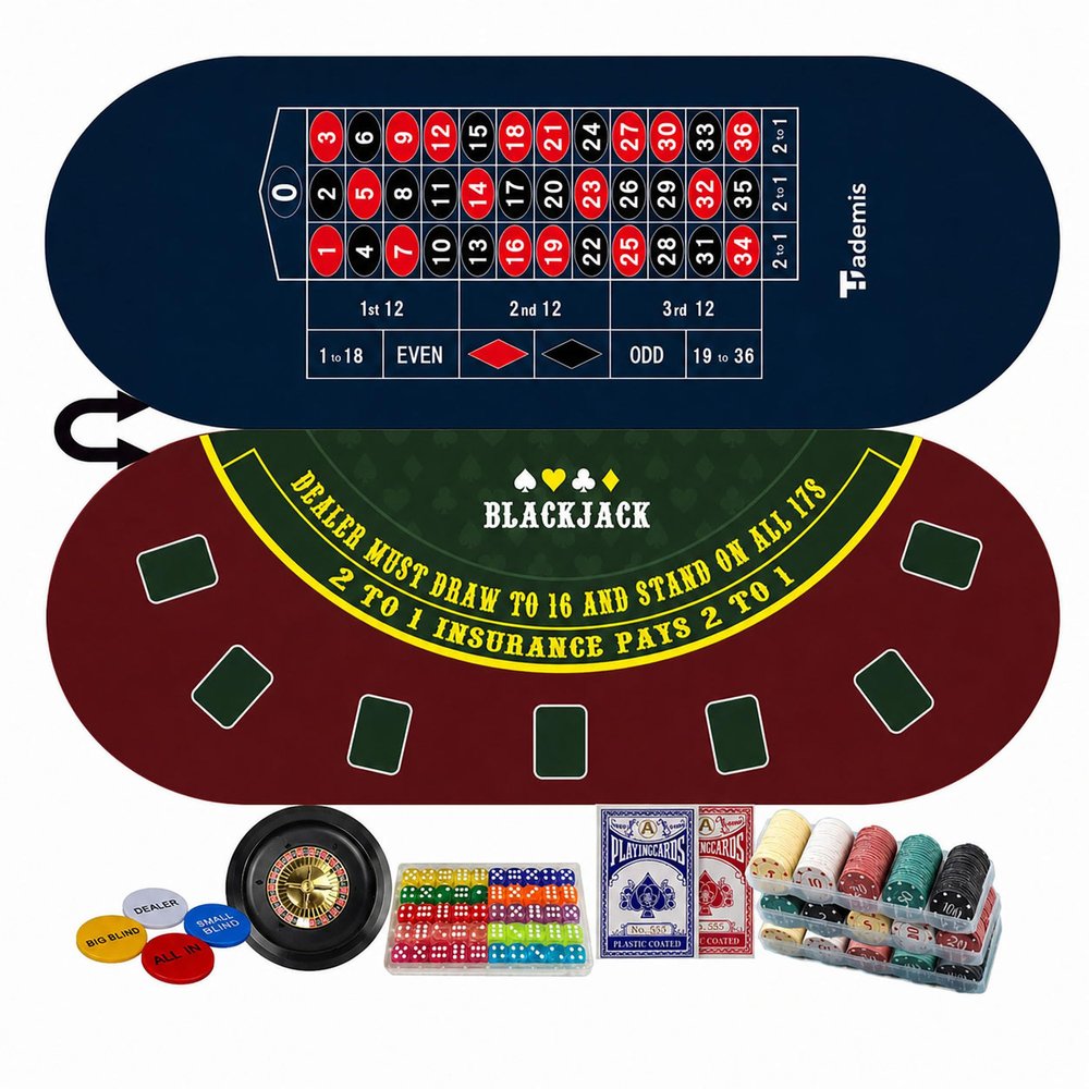 Tademis 4 in 1 Casino Game Set: 10" Roulette Wheel, 300 Weighted Poker Chips, 50 Dice, Poker Buttons & 2 Decks of Cards Double Sided Blackjack & Roulette Mat Portable Kit for Home Game Night