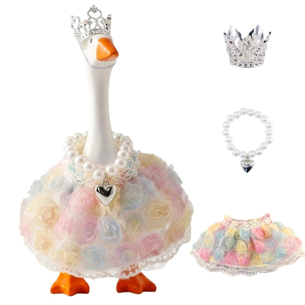 Mini Desk Goose Outfit 7 Inch, Princess Flower Dress with Crown & Pearl Necklace