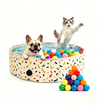 Foldable Dog Pool & Dog Ball Pit with Balls Included, Portable Multifunctional Ball Pit for Dogs & Cats, Anti-Collapse Non-Slip Pet Play Pool (Beige S+64 Balls)