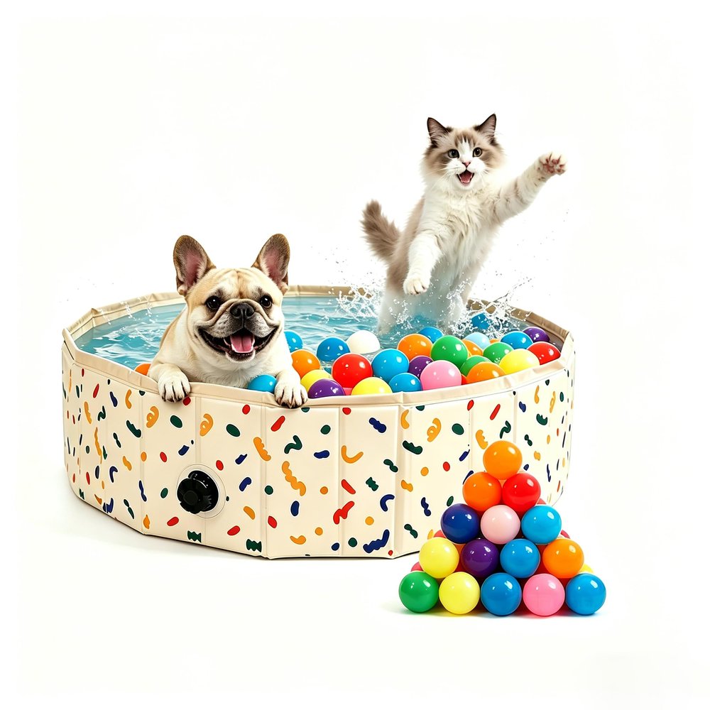 Foldable Dog Pool & Dog Ball Pit with Balls Included, Portable Multifunctional Ball Pit for Dogs & Cats, Anti-Collapse Non-Slip Pet Play Pool (Beige S+64 Balls)