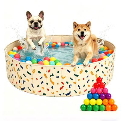 Foldable Dog Pool & Dog Ball Pit with Balls Included, Portable Multifunctional Ball Pit for Dogs & Cats, Anti-Collapse Non-Slip Pet Play Pool(Beige L+132 Balls)