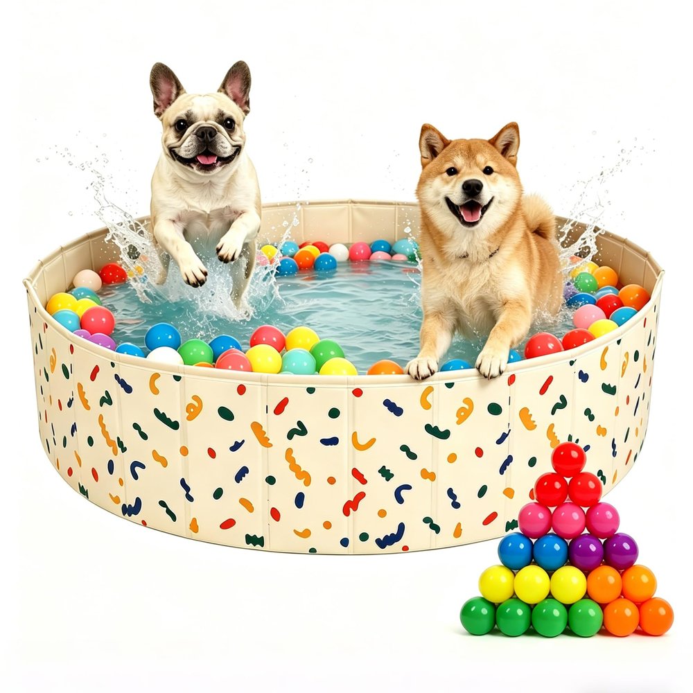 Foldable Dog Pool & Dog Ball Pit with Balls Included, Portable Multifunctional Ball Pit for Dogs & Cats, Anti-Collapse Non-Slip Pet Play Pool(Beige L+132 Balls)