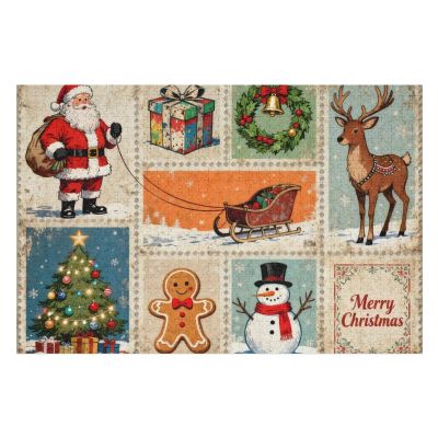 Vintage Christmas Postage Style 1000 Piece Jigsaw Puzzle for Adults Holiday Stamps Collage with Santa Tree Reindeer Snowman and Gifts Seasonal Puzzle Decor
