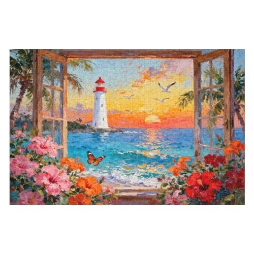 Window Landscape Lighthouse Sea Flower 500 Piece Jigsaw Puzzle for Adults and Families, Coastal Nature Scene, Challenging DIY Puzzle, Interactive Home Game