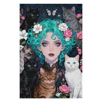 Curly-haired Doll and Cat Jigsaw Puzzle Cool Dolls Lady 1000 Piece Jigsaw Puzzles for Adults Challenging Family Activity Games Colorful DIY for Home Decor 30x20 Inch
