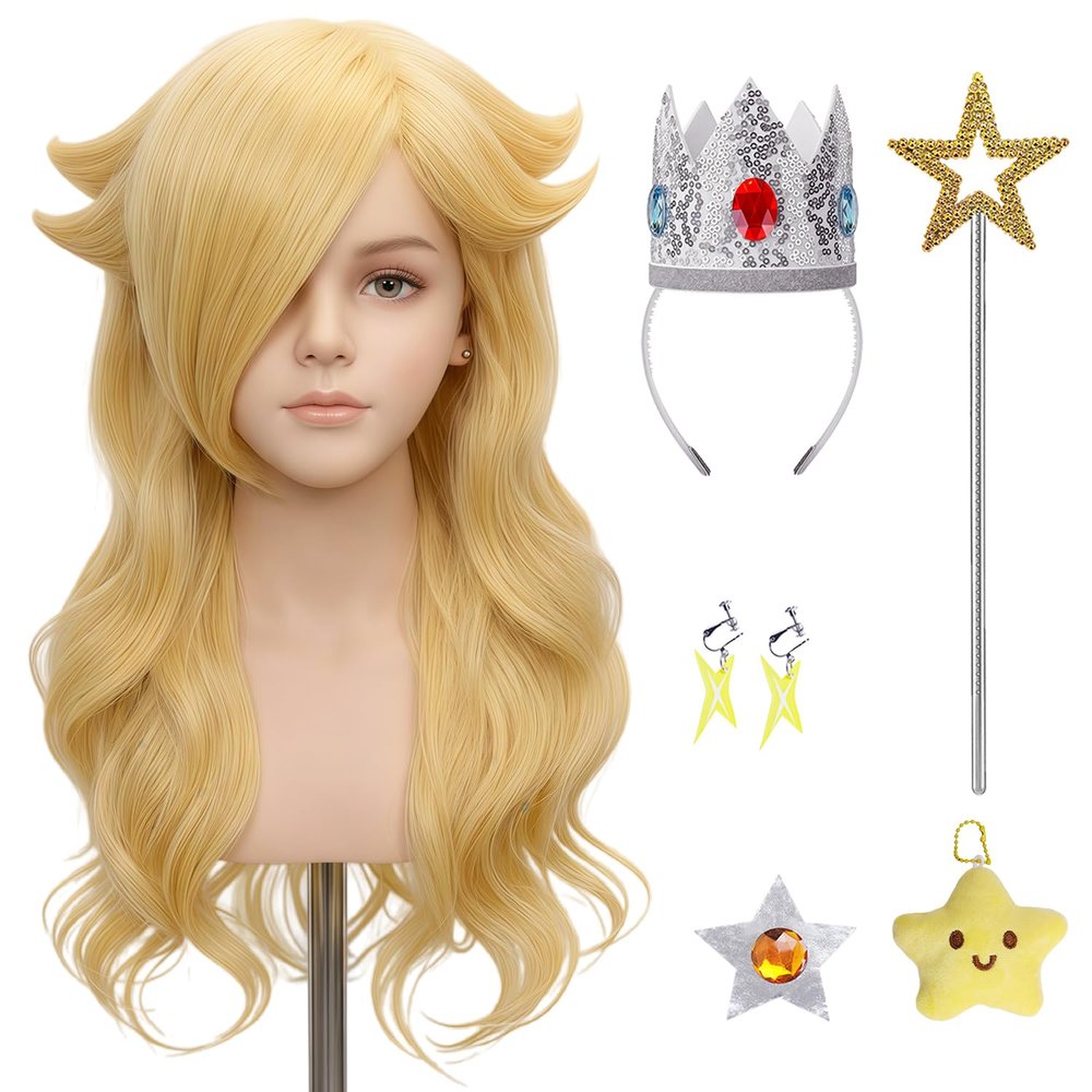 Bopocoko 7pcs Girls Blonde Princess Wig for Kids Halloween Anime Cosplay Costume - Long Wavy Wig Set with Crown Wand Brooch Earrings Wig Cap Pendant Accessories A-BU263