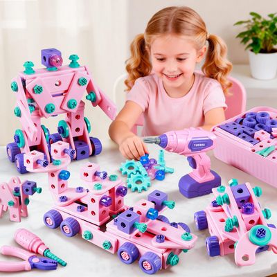 Design and Drill Toy - Toddler Tool Set with Drill & Toolbox, Create And Design Drill Kit Stem Toys for Kids Ages 3-6, Toddler Building Educational Construction Toy for 3-6 Year Old Girl (PINK)