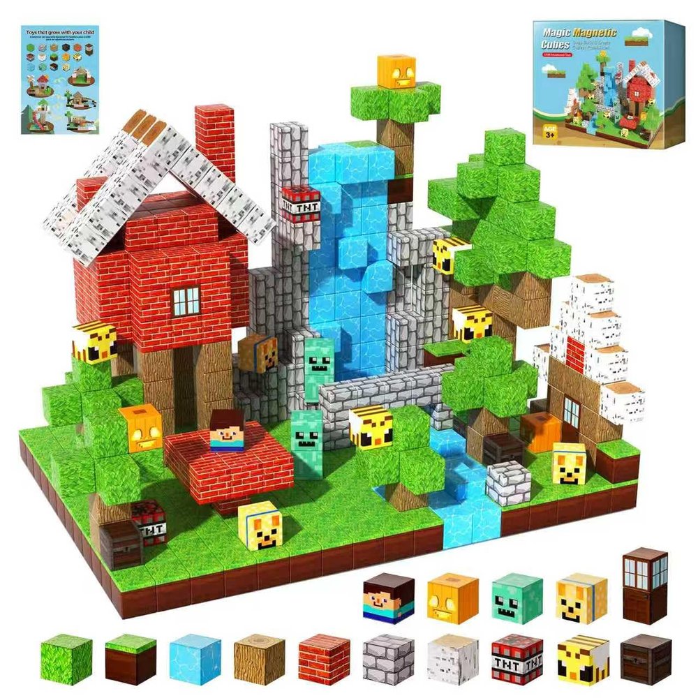Aurname 100PCS Magnetic Blocks Forest World Set - Build Mine Red House Waterfall Scene with Magnetic Cubes, STEM Educational Toys for Toddlers 3+, Creative Magnet Tiles Gifts for Boys & Girls