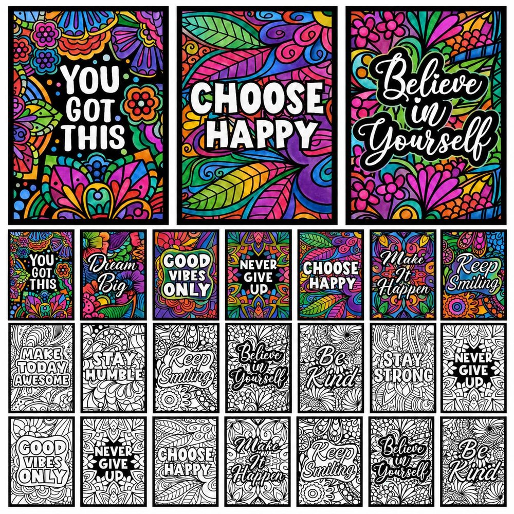 Cinrobiye 48 Pcs Velvet Coloring Posters Inspirational Quotes Fuzzy Posters to Color Bulk Felt Motivational Coloring Page for All Ages Classroom Assisted Living Festive Holiday Art&Craft Activity