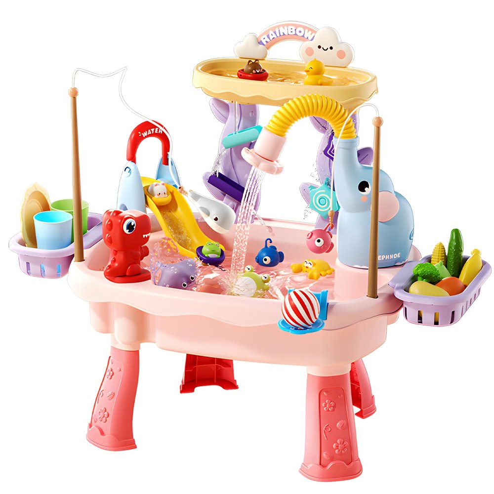 HUASHILUO 2027 Upgraded 4-in-1 Water Table for Toddlers 2-3, Kids Sensory Table with Electric Water Pump & Faucet, Kitchen Play Sink Toys with Food Accessories, Fishing Toy (NEW Pink)