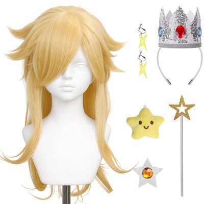 Juziviee 7 Pieces Girls Cosplay Wig Long Blonde Princess Costume Wig with Crown & Accessories for Kids Halloween Anime Party Birthday - Pre-cut Bangs & Soft Thick Hair & Heat Resistant JZ046