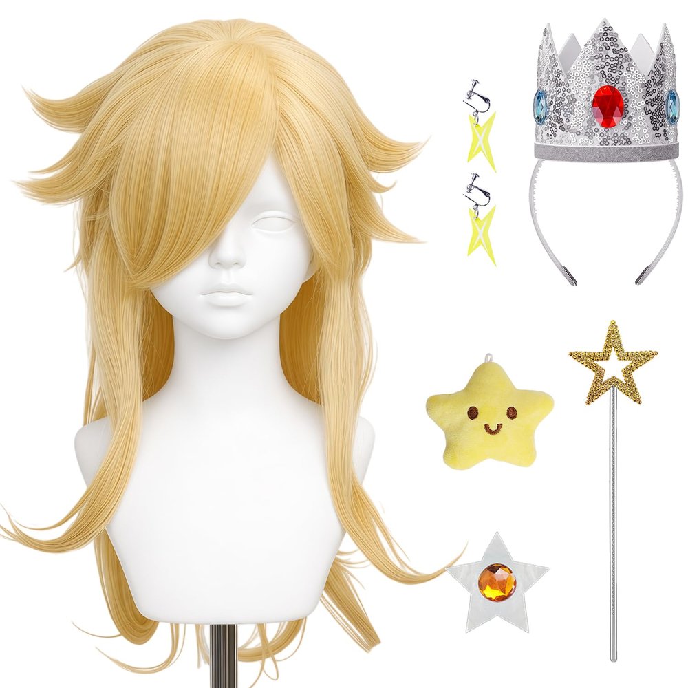 Juziviee 7 Pieces Girls Cosplay Wig Long Blonde Princess Costume Wig with Crown & Accessories for Kids Halloween Anime Party Birthday - Pre-cut Bangs & Soft Thick Hair & Heat Resistant JZ046
