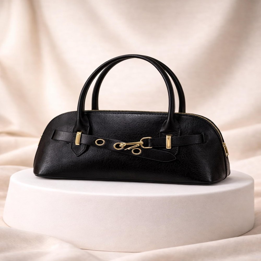 SODEF Crossbody Bag with Buckle Detail Faux Leather Black Casual Shoulder Bag for Women - Black, Standart