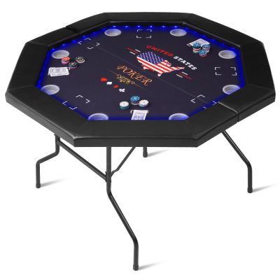 REAHOISY LED Poker Table Foldable, 48 in Octagon Casino Leisure Gamimg Table, 8 Player Folding Texas Holdem Blackjack Table w/Built-in LED Light, Padded Rails & Cup Holders for Home Game Room