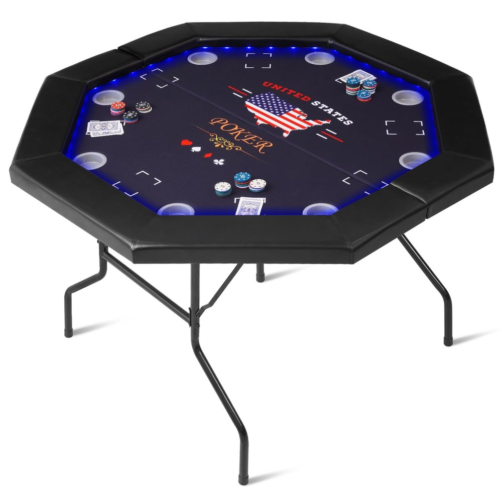 REAHOISY LED Poker Table Foldable, 48 in Octagon Casino Leisure Gamimg Table, 8 Player Folding Texas Holdem Blackjack Table w/Built-in LED Light, Padded Rails & Cup Holders for Home Game Room