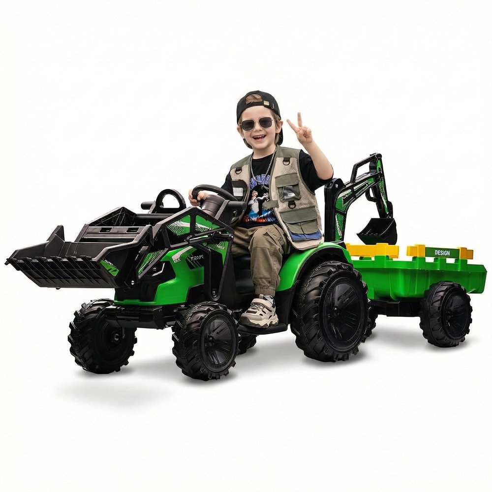 4-in-1 24V Ride on Tractor for Kids 4-8, Electric Ride on Car Toy Excavator & Bulldozer with Trailer, Digger Bucket, Parent Remote Control, Dual 80W Motors, EVA Tires, LED Lights