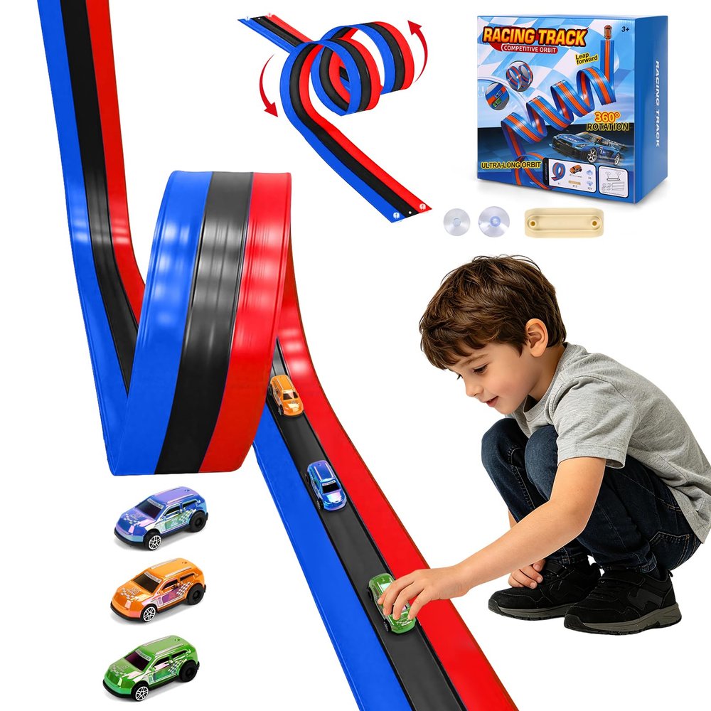 16.4ft Flexible 3-Lane Race Track for Kids - DIY Bendable Wall Racing Ramp with 3 Pull-Back Cars, Suction Cups - Portable Roll-Up Toy Car Track Compatible with 1:64 Die-Cast Cars