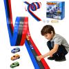 16.4ft Flexible 3-Lane Race Track for Kids - DIY Bendable Wall Racing Ramp with 3 Pull-Back Cars, Suction Cups - Portable Roll-Up Toy Car Track Compatible with 1:64 Die-Cast Cars view 1
