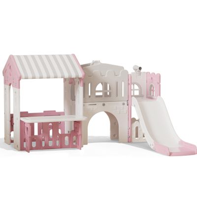 Kids Playhouse Playground Playsets Outdoor Playhouse 10 in 1 Toddler Slide with Rock Climber with Basketball, Hoop, Storage, Playroom Upgraded (Pink)