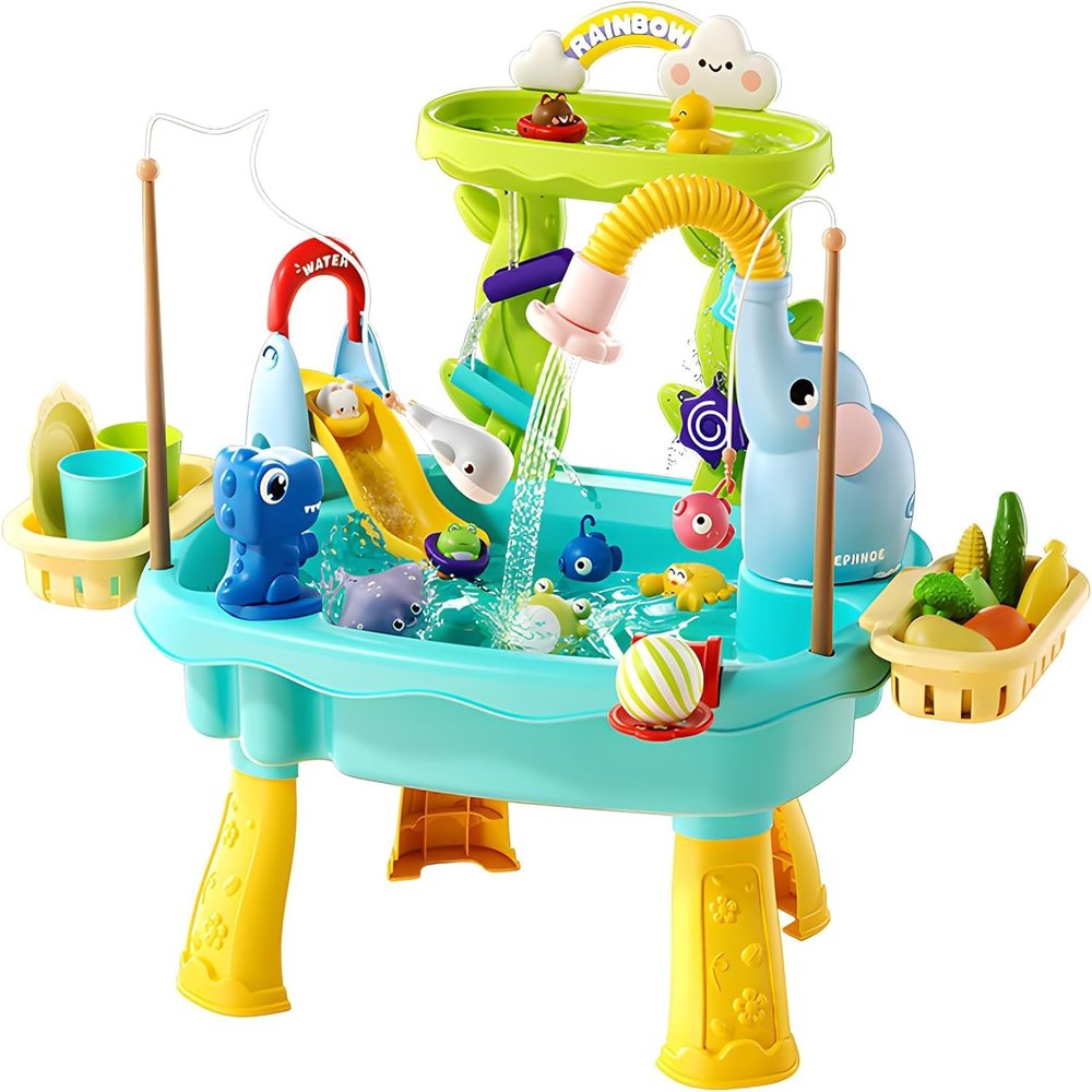Lorveina 2027 Upgraded 4-in-1 Sand Water Table for Toddlers 1-3, Kids Sensory Table with Electric Water Pump & Elephant Faucet, Play Kitchen Sink with Food Accessories, Fishing Toy (Blue)