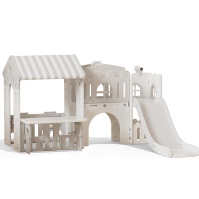 Kids Playhouse Playground Playsets Outdoor Playhouse 10 in 1 Toddler Slide with Rock Climber with Basketball, Hoop, Storage, Playroom Upgraded