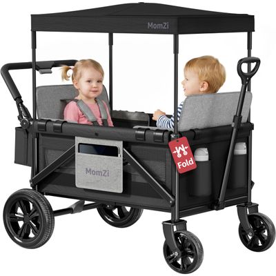 MomZi Wagon Stroller for 2 Kids, Collapsible Wagon Stroller with Removable Canopy, Foldable Stroller Wagon with 2 Seater and Storage Pocket for Baby Toddlers Black