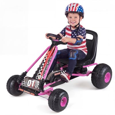GLACER Kids Pedal Go Kart, 4 Wheel Pedal Powered Ride On Car w/Adjustable Seat, Hand Brake & Clutch, Off-Road Racer Toy for Boys & Girls Ages 3-8 (Pink)