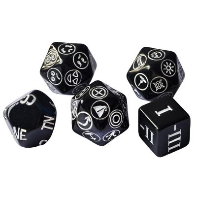 5pcs DM Dice Set Including Rating D6, NPC Alignment Dice, NPC Emotion D20, Encounter Die and Pathfinder's Journey Cube (Solid Black Set)