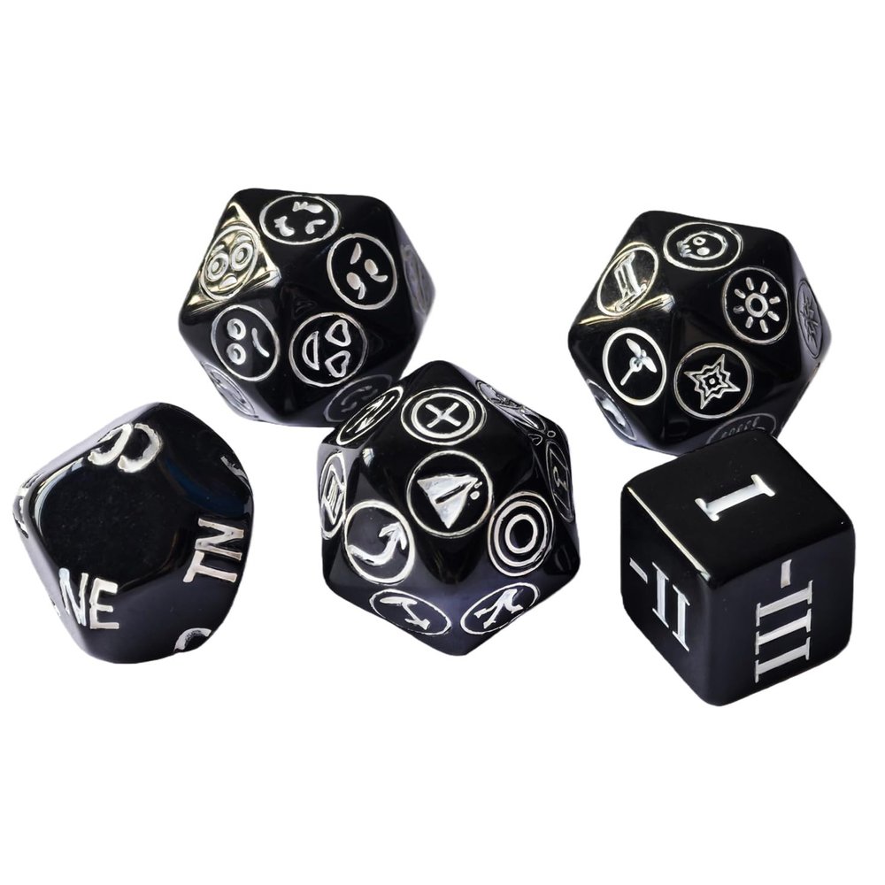 5pcs DM Dice Set Including Rating D6, NPC Alignment Dice, NPC Emotion D20, Encounter Die and Pathfinder's Journey Cube (Solid Black Set)
