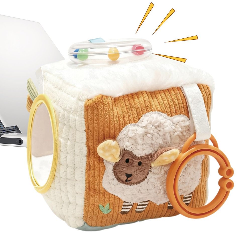 Activity Cube - Educational Soft Rattle, 1 Piece Sensory Learning Block for Preschoolers, Multitextured Fabric Box with Teether Rings, Nursery Gear, Quiet Developmental Tool for Car Rides
