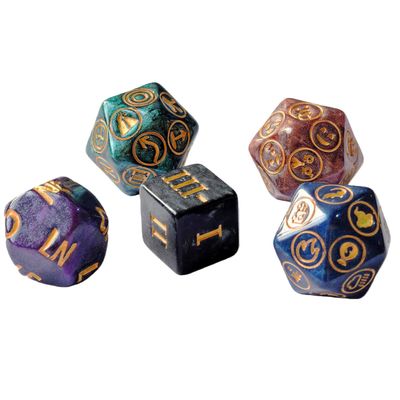 5pcs DM Dice Set Including Rating D6, NPC Alignment Dice, Emotion D20, Encounter Die and Pathfinder's Journey Cube (Assorted Glitter Colored Set)