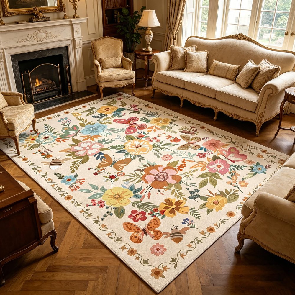 UKELER Nursery Rugs 5x7, Machine Washable Foldable Boho Floral Area Rugs, Non Slip Durable Low Profile Accent Rug for Kids Playroom Bedroom Living Room Dinning Room Dorm Office Hotel Farmhouse, Beige