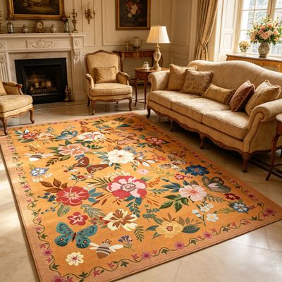 Ukeler Area Rugs 5x7, Machine Washable Foldable Boho Floral Nursery Rugs, Vintage Non Slip Durable Low Profile Accent Rug for Kids Playroom Living Room Dinning Room Dorm Hotel Farmhouse, Yellow Orange