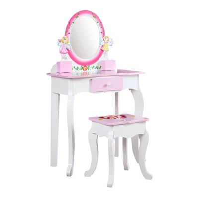 ENGER MANOR Wooden Princess Kids Vanity Set Floral Makeup Table Stool Mirror Role Playing Pink