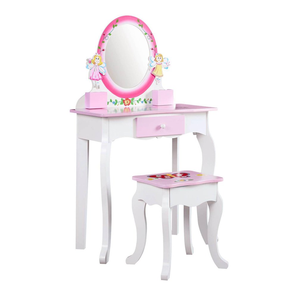ENGER MANOR Wooden Princess Kids Vanity Set Floral Makeup Table Stool Mirror Role Playing Pink