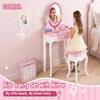 ENGER MANOR Wooden Princess Kids Vanity Set Floral Makeup Table Stool Mirror Role Playing Pink view 2