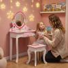 ENGER MANOR Wooden Princess Kids Vanity Set Floral Makeup Table Stool Mirror Role Playing Pink view 4